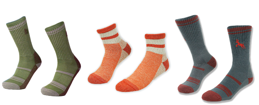 a row of three different knitted socks