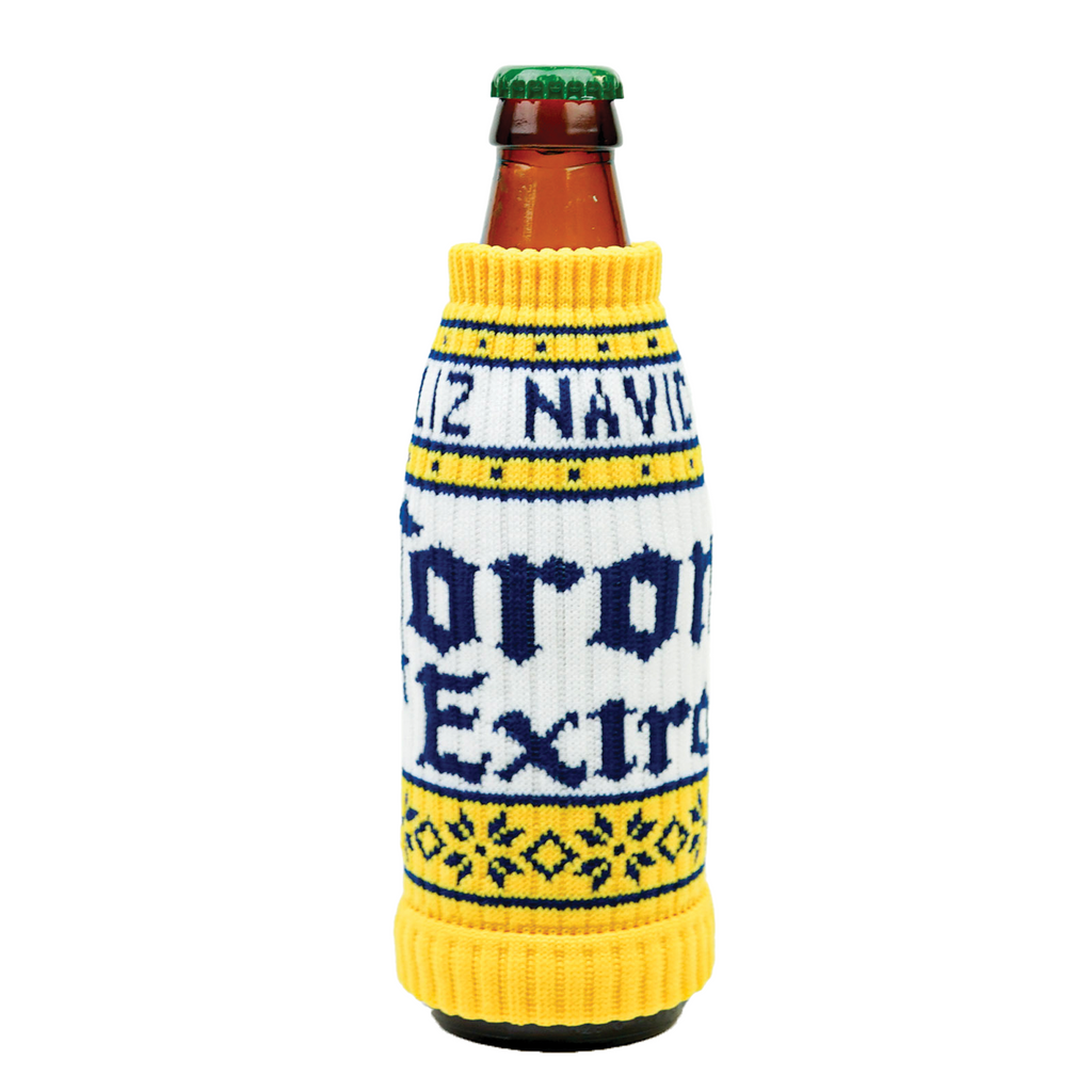 a custom knitted drink sleeve around a beer bottle