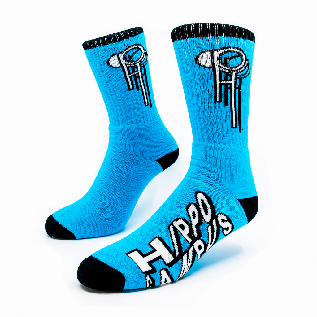 A pair of bright blue socks for Hippo Campus