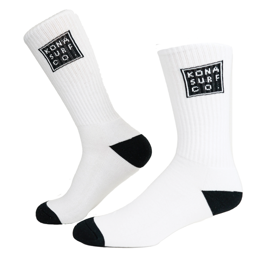 a pair of white socks with custom knitted features for Kona Surf Co.