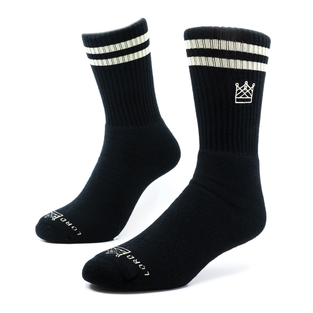 Black socks with white stripes and custom a white embroidered crown icon