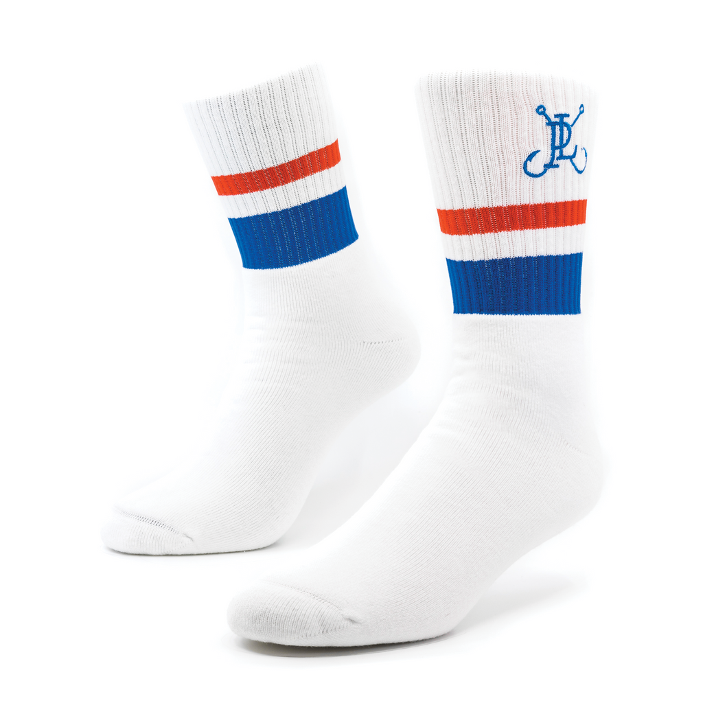 A pair of striped socks with a company logo embroidered on the sock in royal blue thread