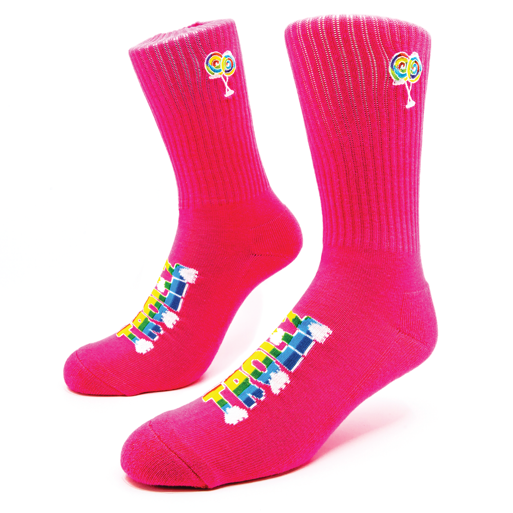 A pair of hot pink socks with rainbow art knitted and embroidered onto the sock