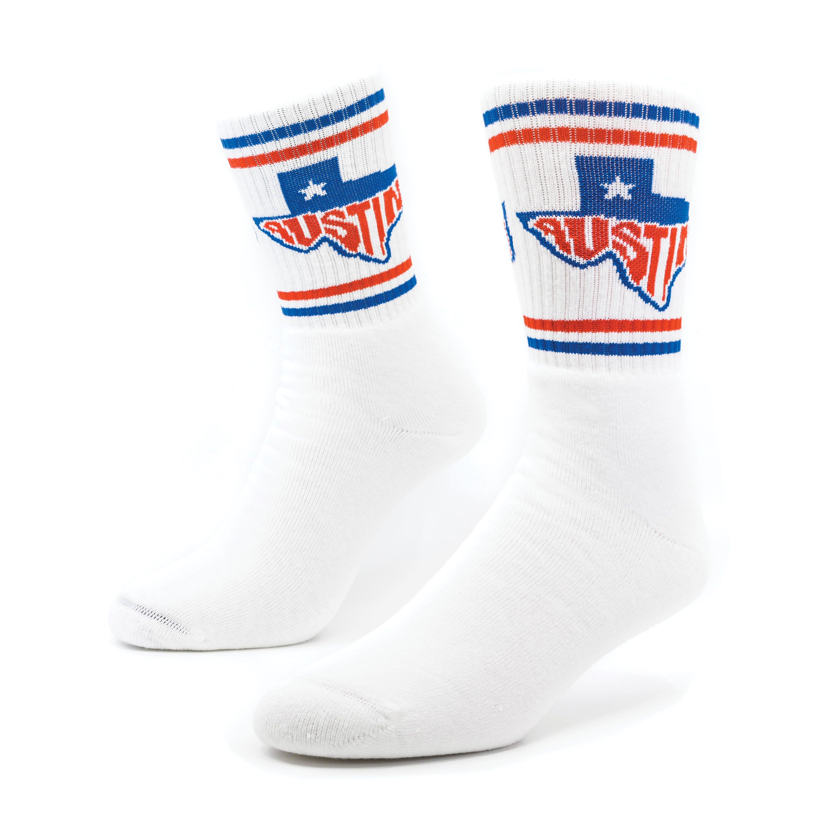 A pair of socks with the state of Texas knitting into the ribbing