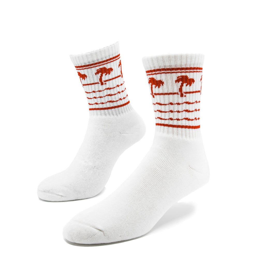 a pair of white socks with the In-N-Out Red Print on the ribbing